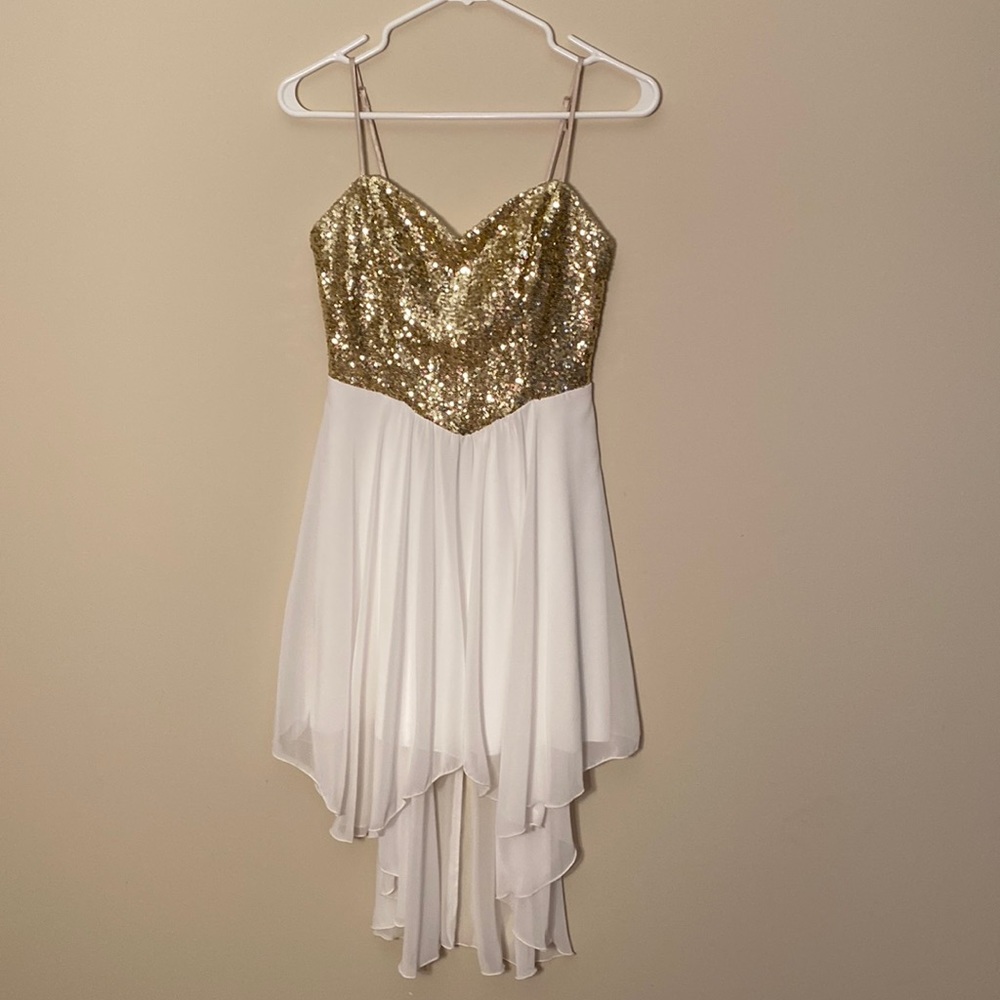 White/gold sequin high-low formal dress